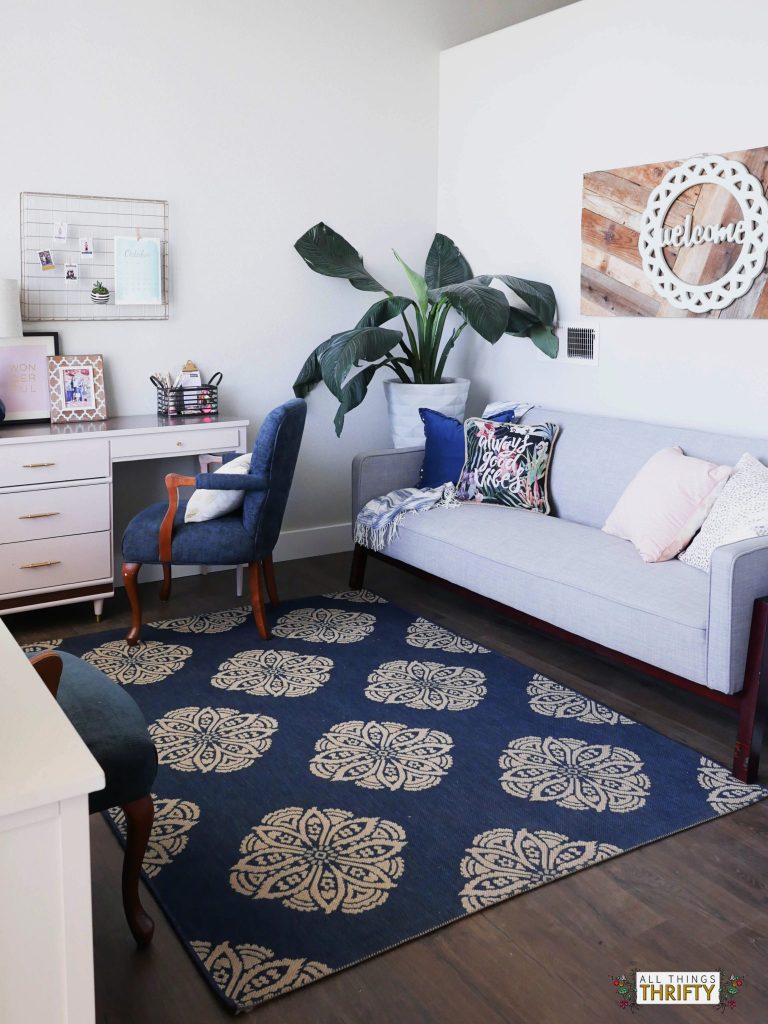 Jo’s Living Room: Navy, Pink, Gold, Grey, and White!