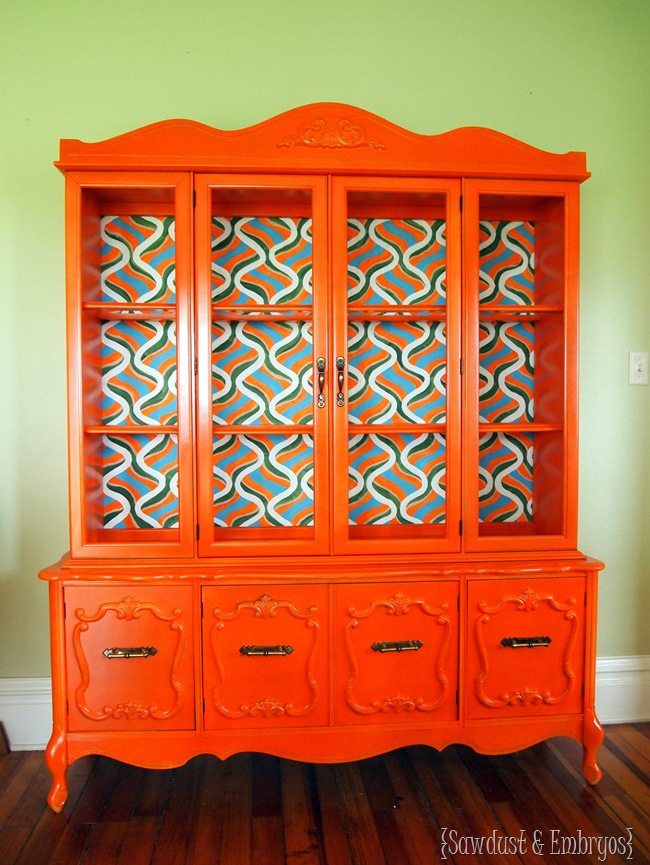 Retro Orange China Cabinet  with Handpainted Backboard {Sawdust and Embryos}