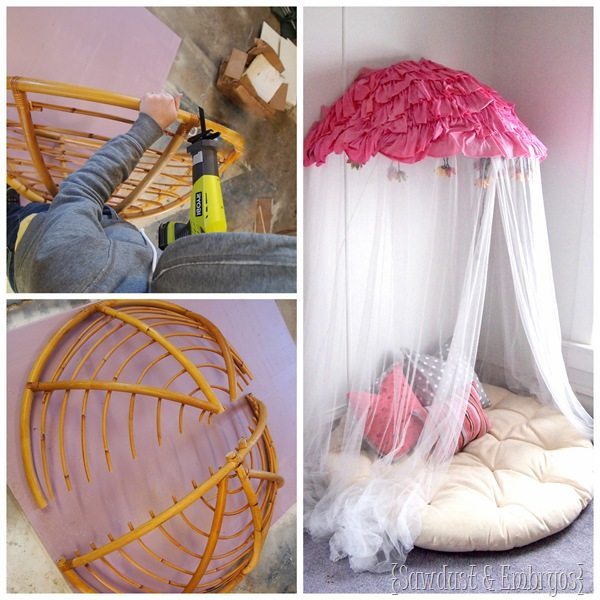 Turn a papasan frame into a canopy reading nook for kids! {Sawdust & Embryos}