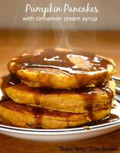 Pumpkin Pancakes with Cinnamon Syrup from TastesBetterFromScratch.com