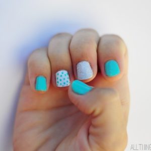 Turquoise, polka dots, white, and silver polish idea thumbnail