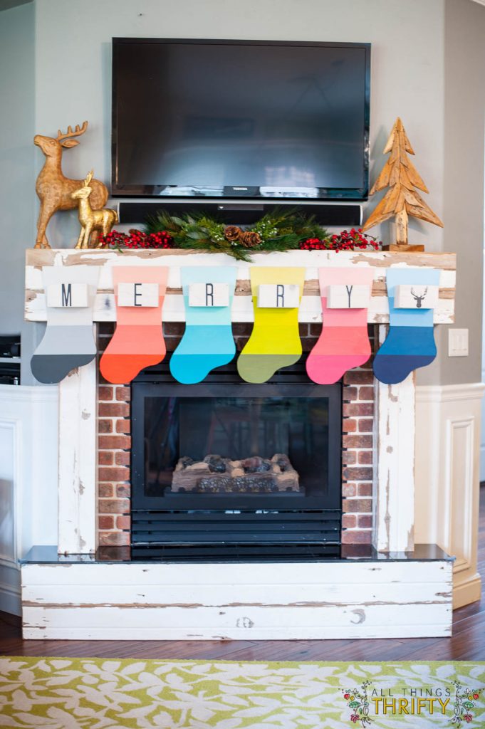 Wooden Stocking project Colorful Christmas Mantle