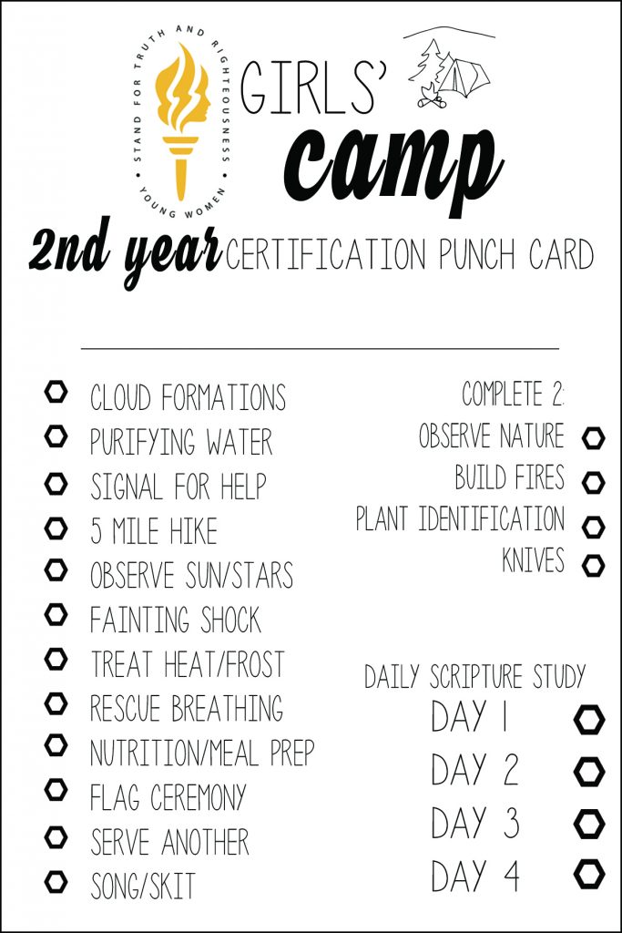 FREE LDS Girls Camp Certification Cards 2nd year