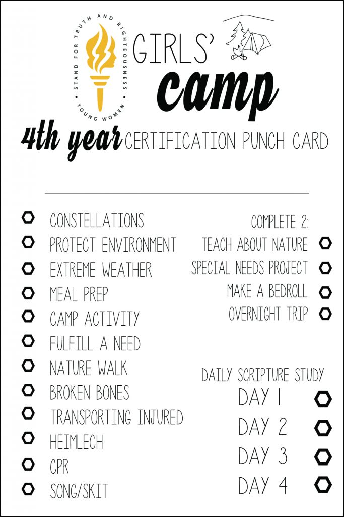 FREE LDS Girls Camp Certification Cards 4th Year