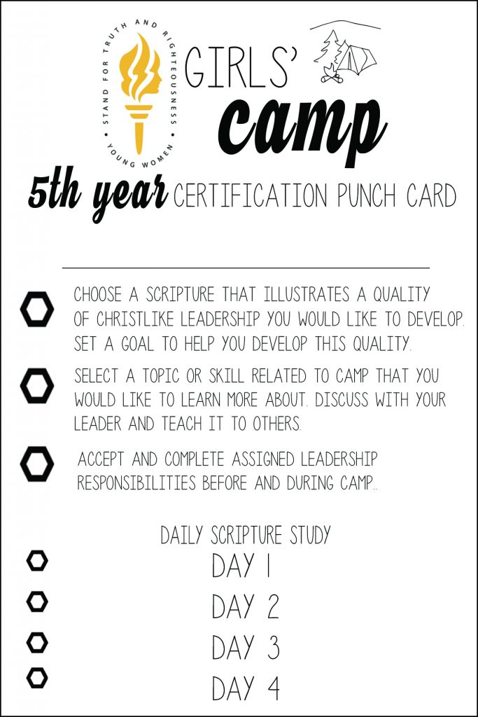 FREE LDS Girls Camp Certification Cards 5th Year