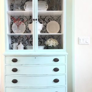 Antique Hutch Makeover with Fabric “Wallpaper” Back thumbnail