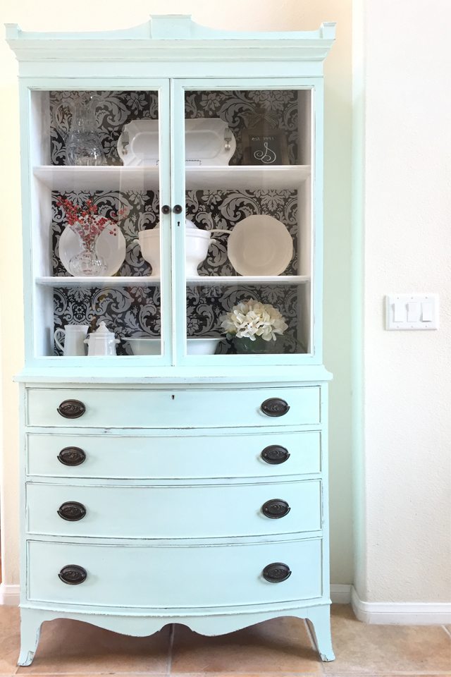 Antique Hutch Makeover with Fabric