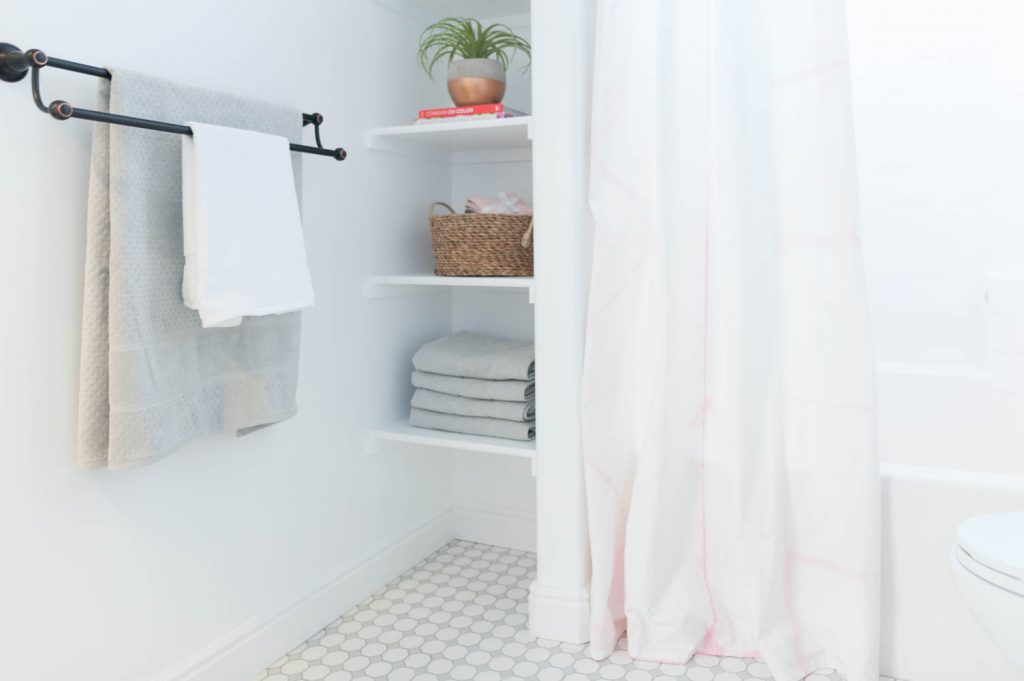 Grey and White Bathroom Renovation with Hex Tile and Shiplap-15