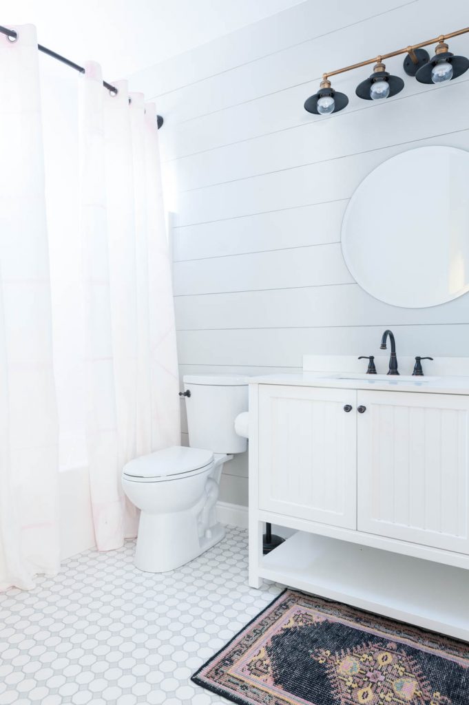 Grey and White Bathroom Renovation with Hex Tile and Shiplap-31