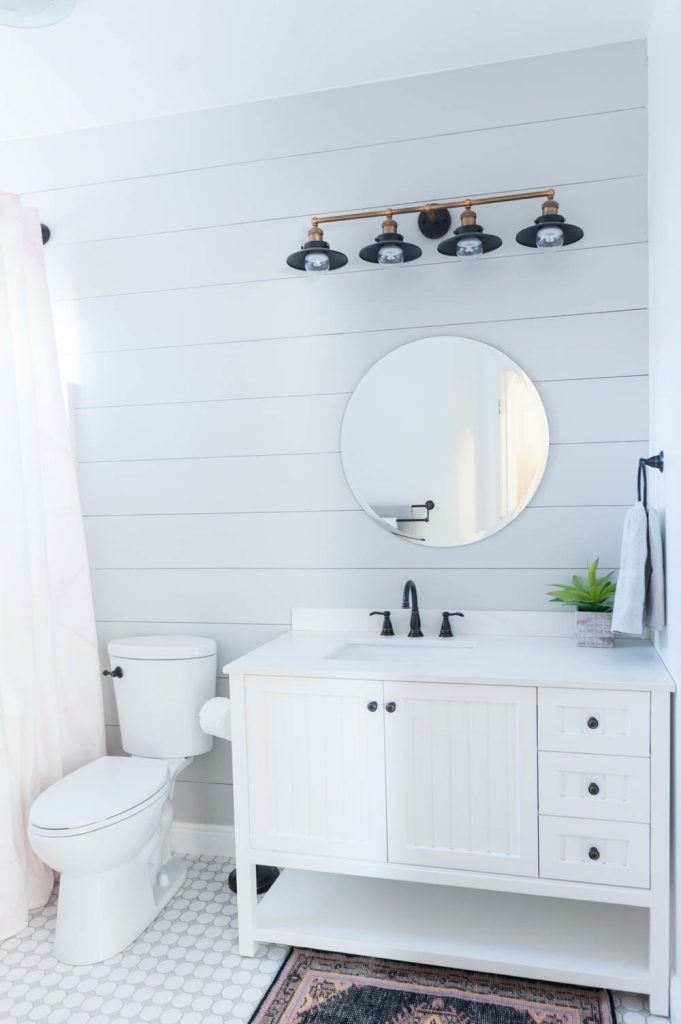 Grey and White Bathroom Renovation with Hex Tile and Shiplap-34