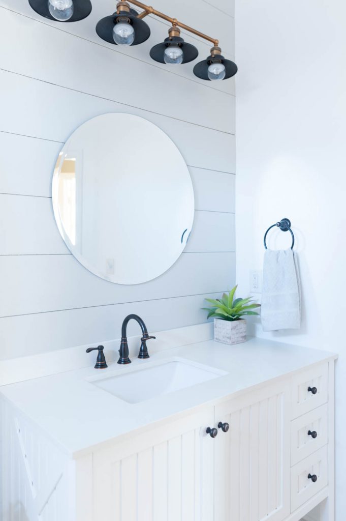 Grey and White Bathroom Renovation with Hex Tile and Shiplap-6