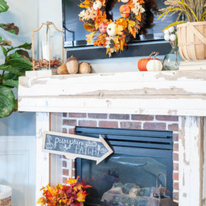 Fall Mantle Decorating Ideas with Pumpkins Leaves and Wheat thumbnail
