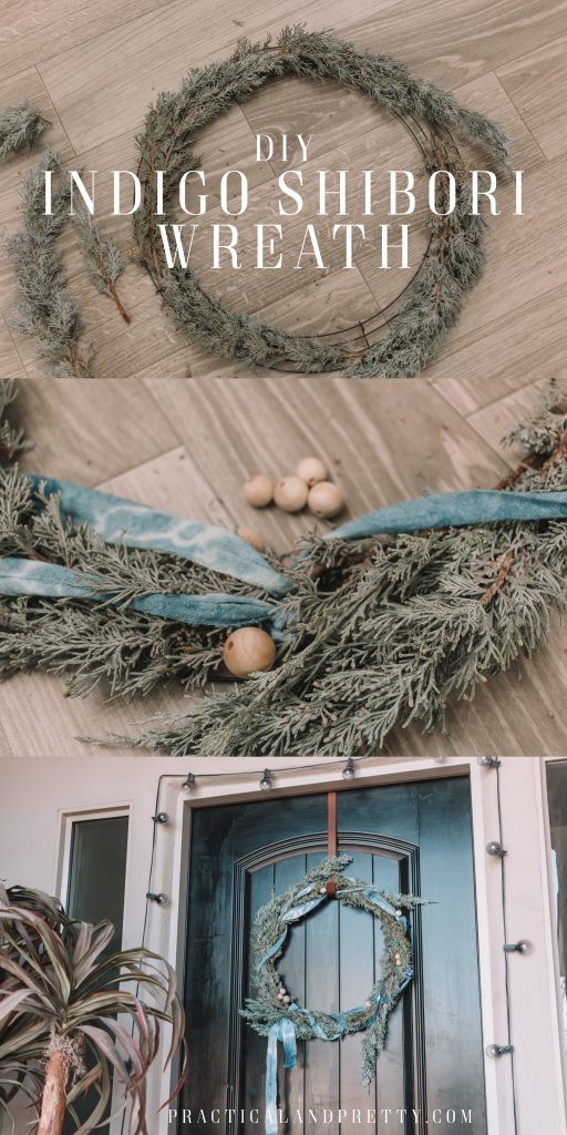 This indigo shibori wreath DIY wreath is a simple touch of greenery and holidays to your door with a pop of color that is very on trend.