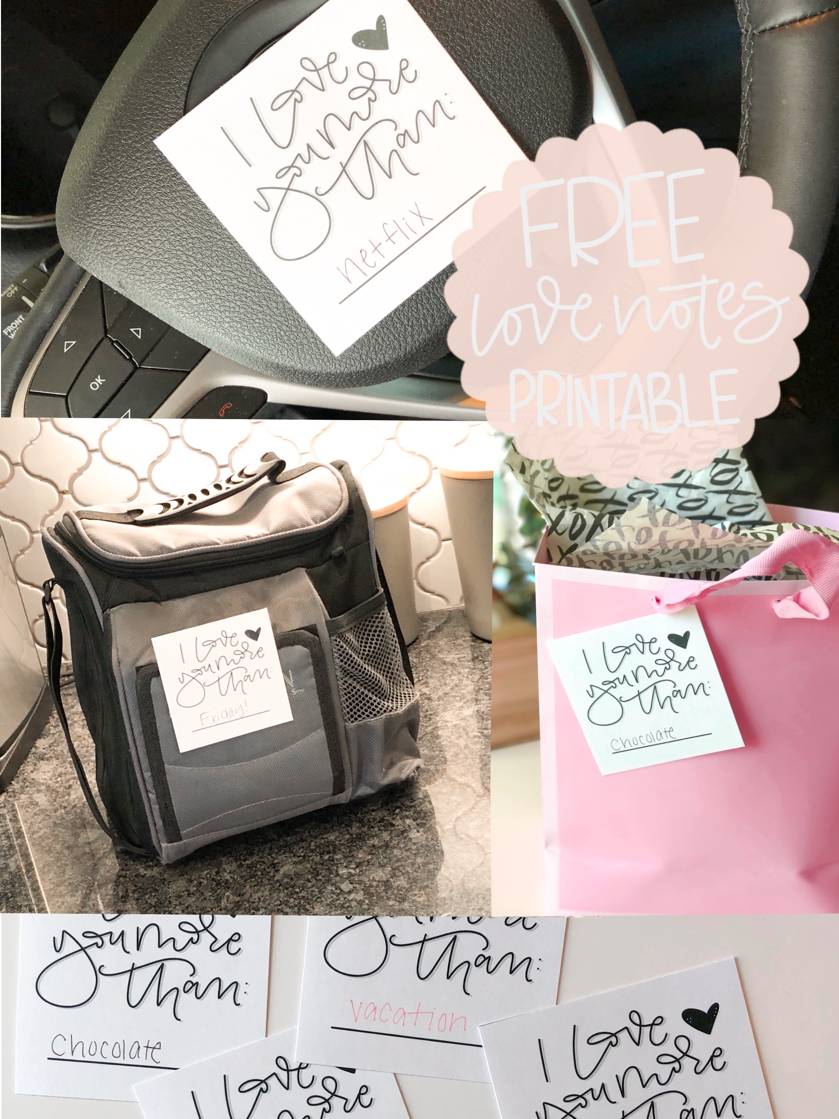 Love notes on a lunch box, steering wheel and gift bag