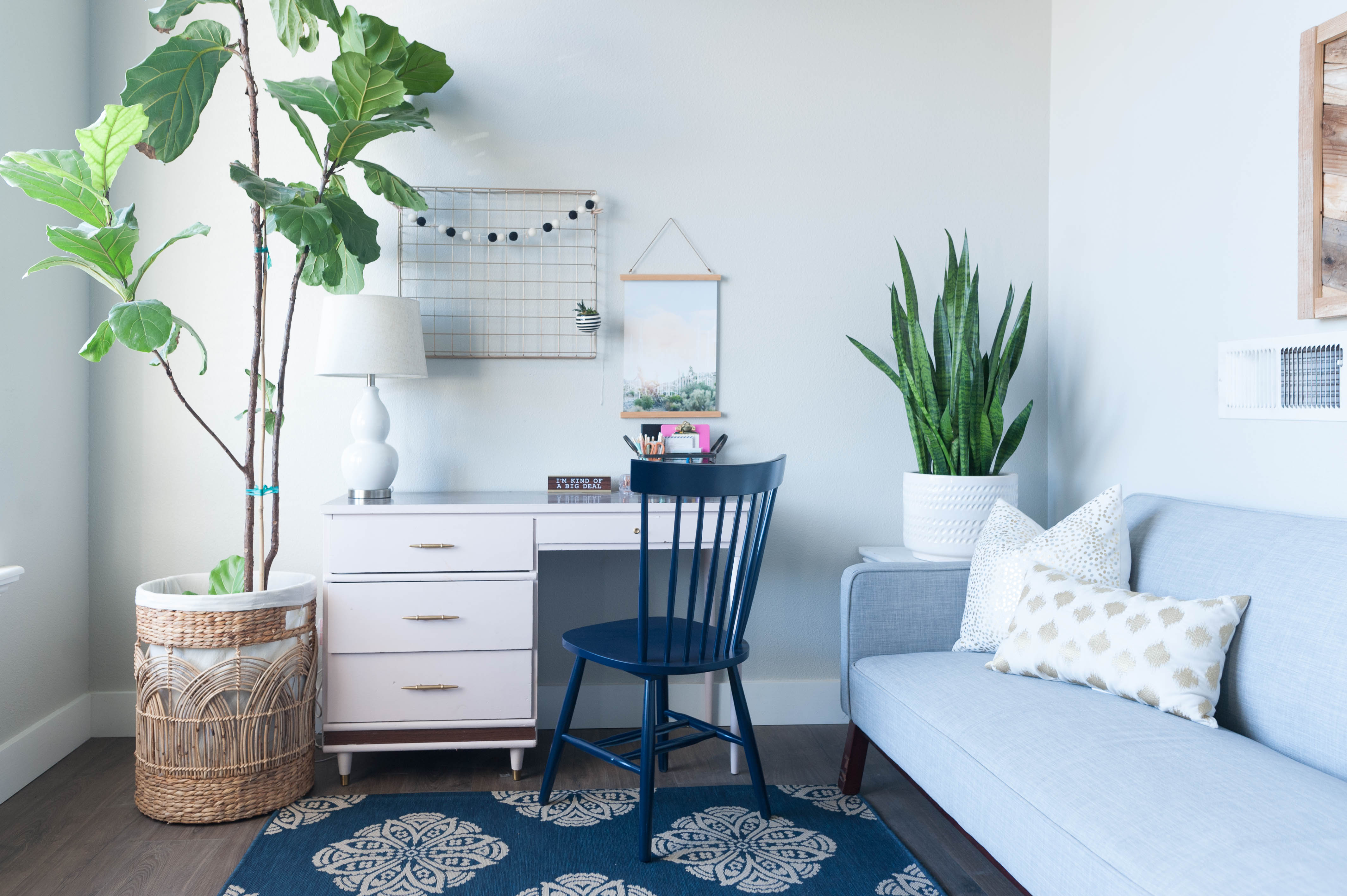 Colorful pink, navy, and gray office