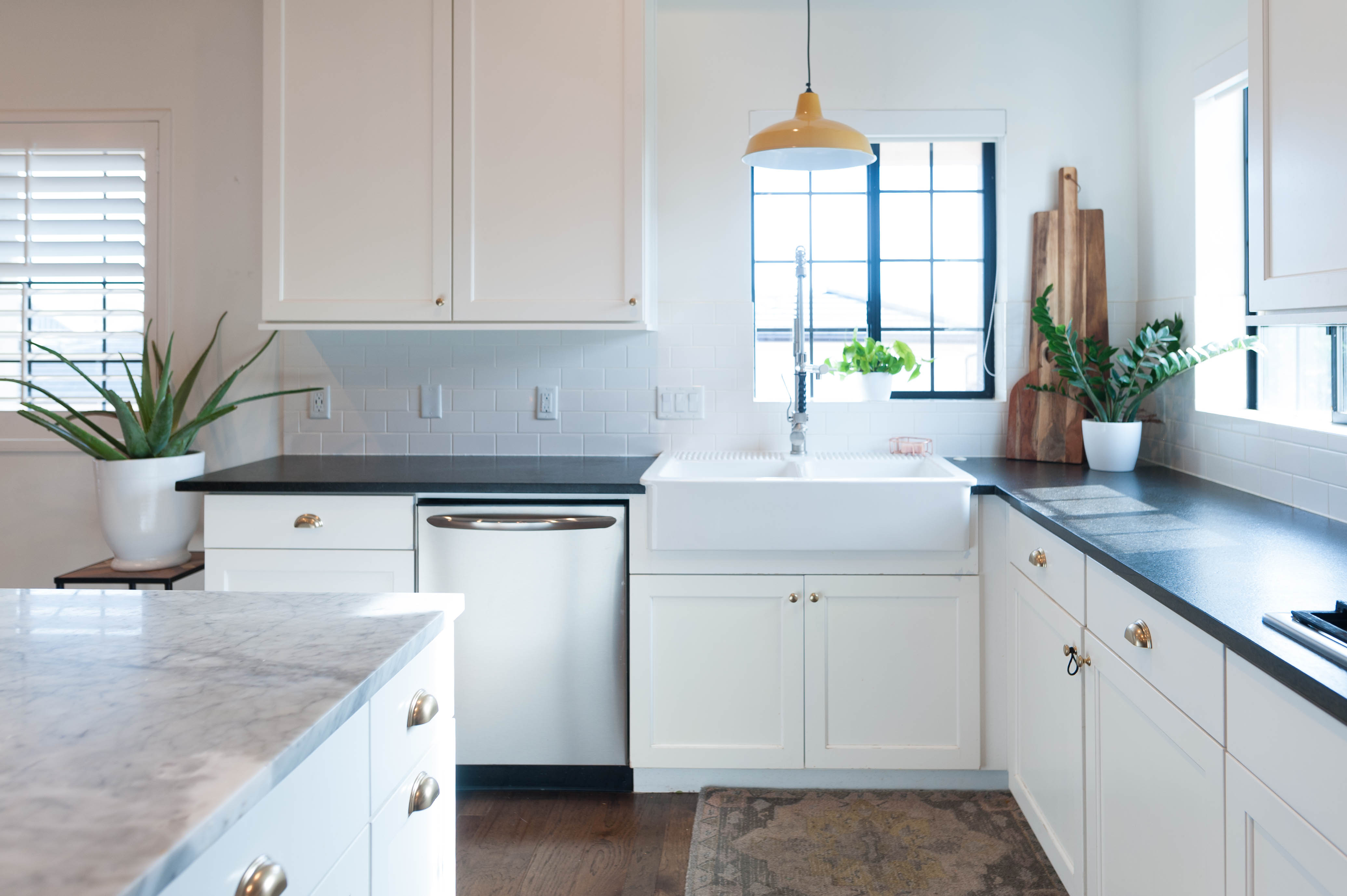 Yellow Barn Light in Modern White Kitchen