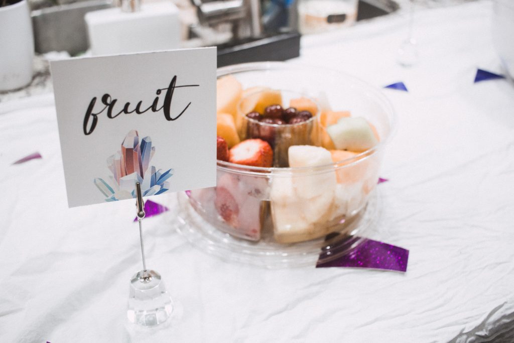 These free printable food place cards are universal for really any party! Embellished with cute gem stones and brush lettering.