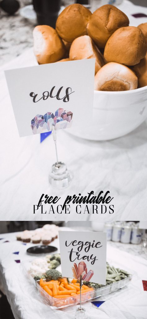 These free printable food place cards are universal for really any party! Embellished with cute gem stones and brush lettering.