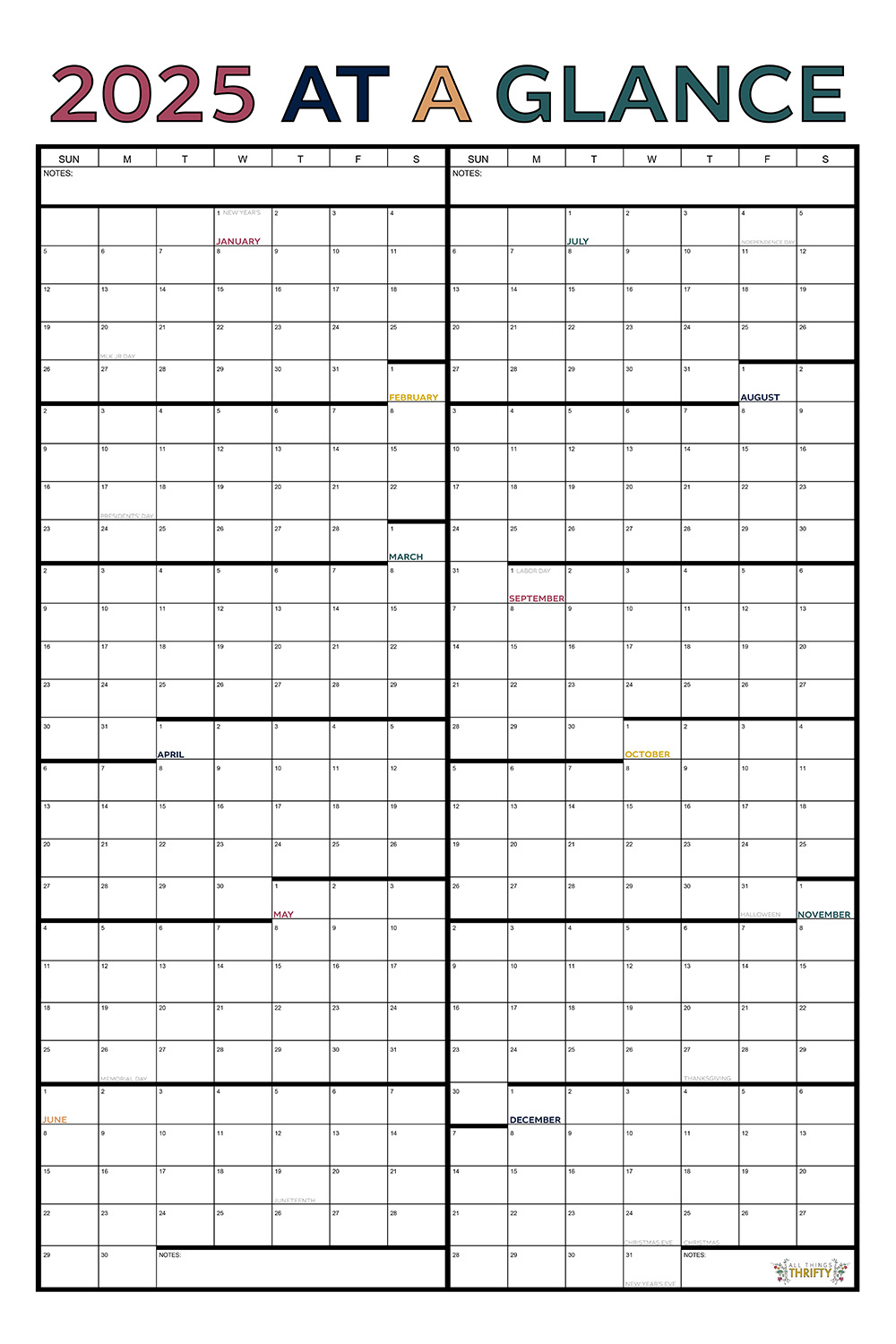 Year at a glance FREE Printable Calendar | All Things Thrifty